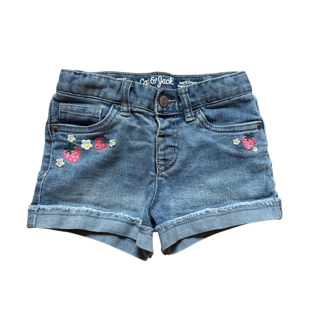 Cat & Jack Denim Shorts Kids Blue Excellent Strawberry Floral SIZE 4T